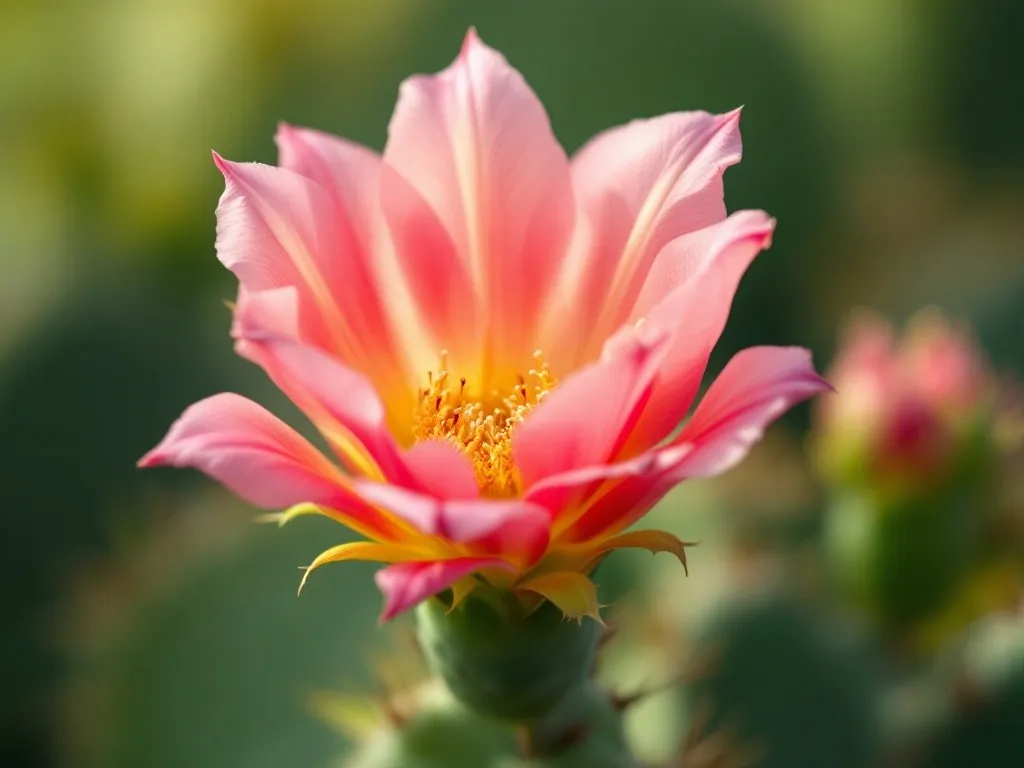 Gelbe Blüte des Feigenkaktus am Rand eines Segments