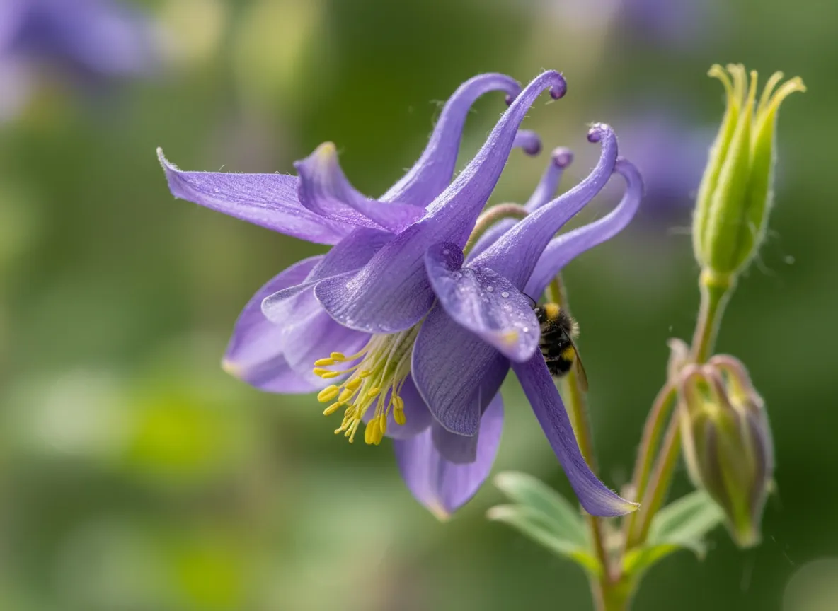 Close-up of a spurred blue-violet flower of the common columbine