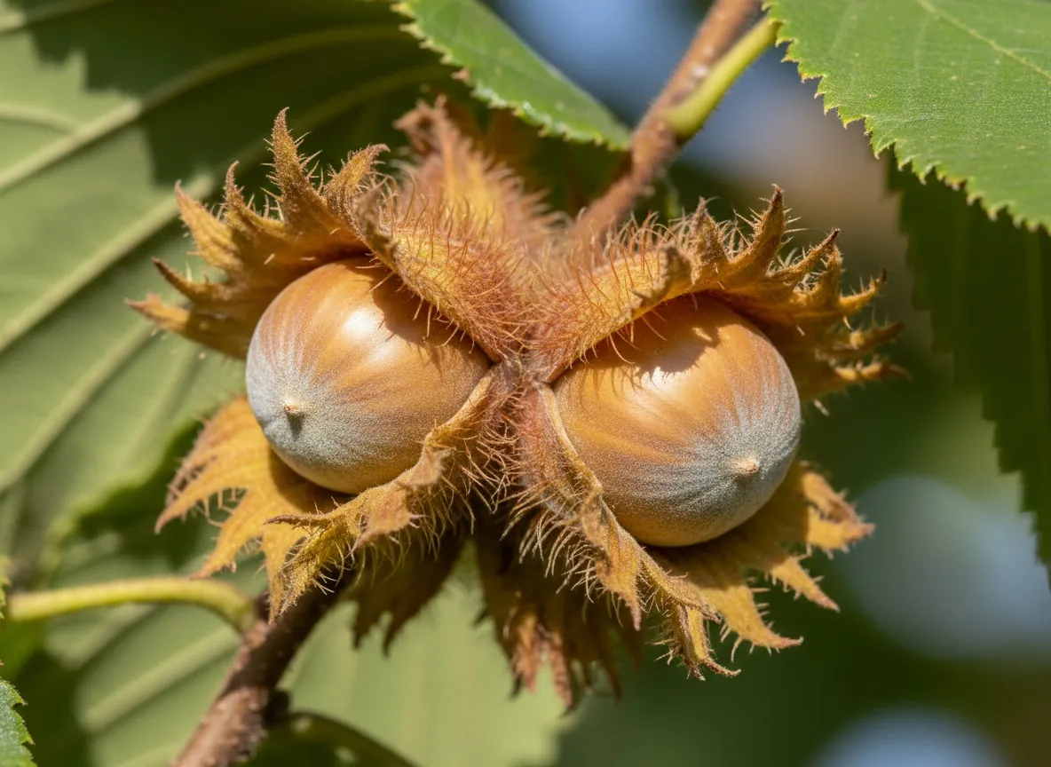 Traube von Nüssen der Baum-Hasel, umhüllt von einer zerschlitzten, drüsigen Hülle