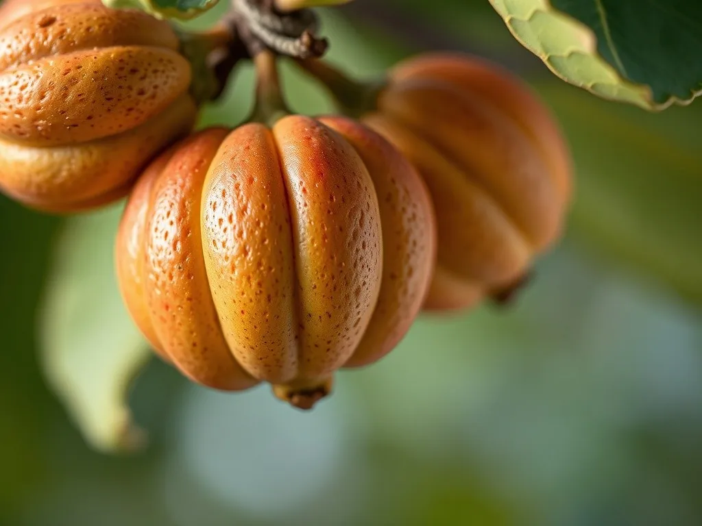 Green husk of a walnut splitting open and revealing the hard shell of the seed