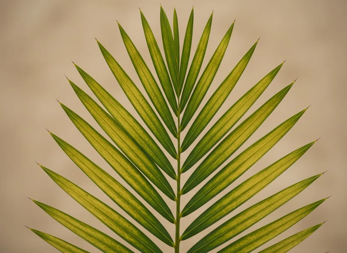Nahaufnahme eines gefiederten Blattes der Goldfruchtpalme mit schmalen, hellgrünen Fiederblättchen