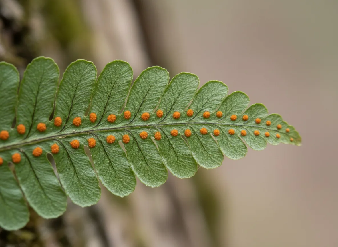 Underside of a pinnate common polypody frond with round sporangia clusters