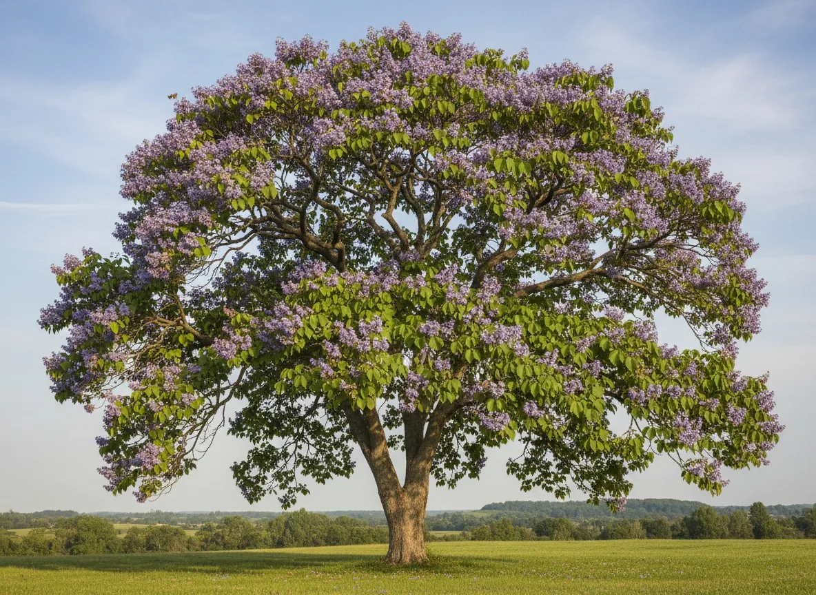 Kwitnąca paulownia omszona o szerokiej koronie i fioletowych wiechach