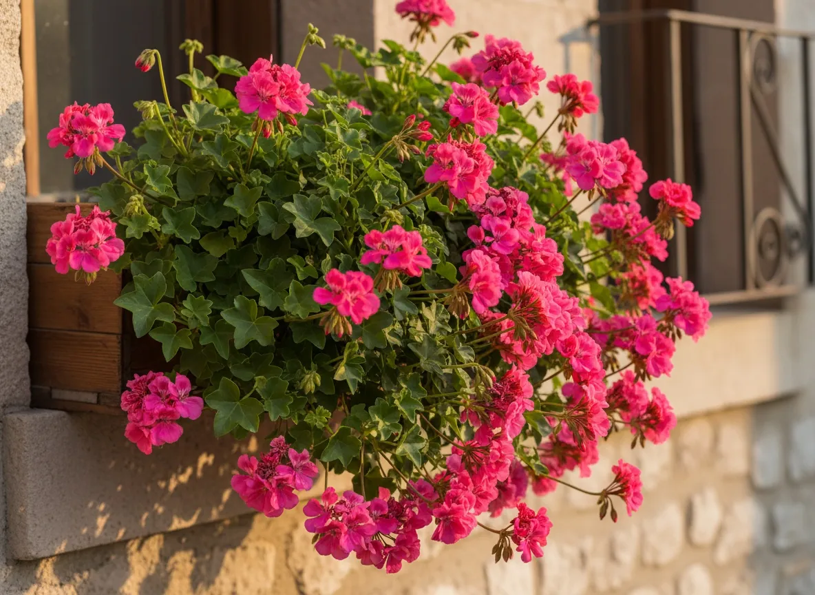 Pelargonia bluszczolistna o różowych kwiatach zwisająca kaskadą ze skrzynki balkonowej