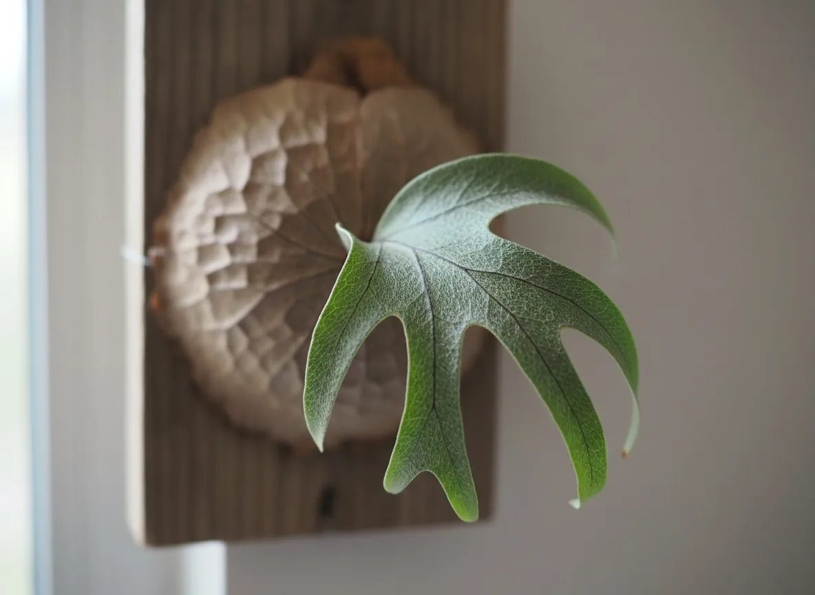Forked fertile frond of staghorn fern and a brown shield frond at the base