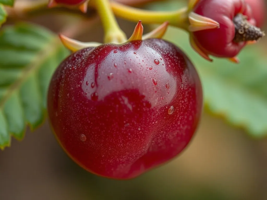 Nahaufnahme einer Traube dunkler, glänzender Früchte der Schwarzen Johannisbeere