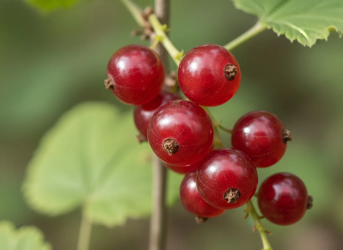 Close-up of a hanging cluster of translucent, red currants