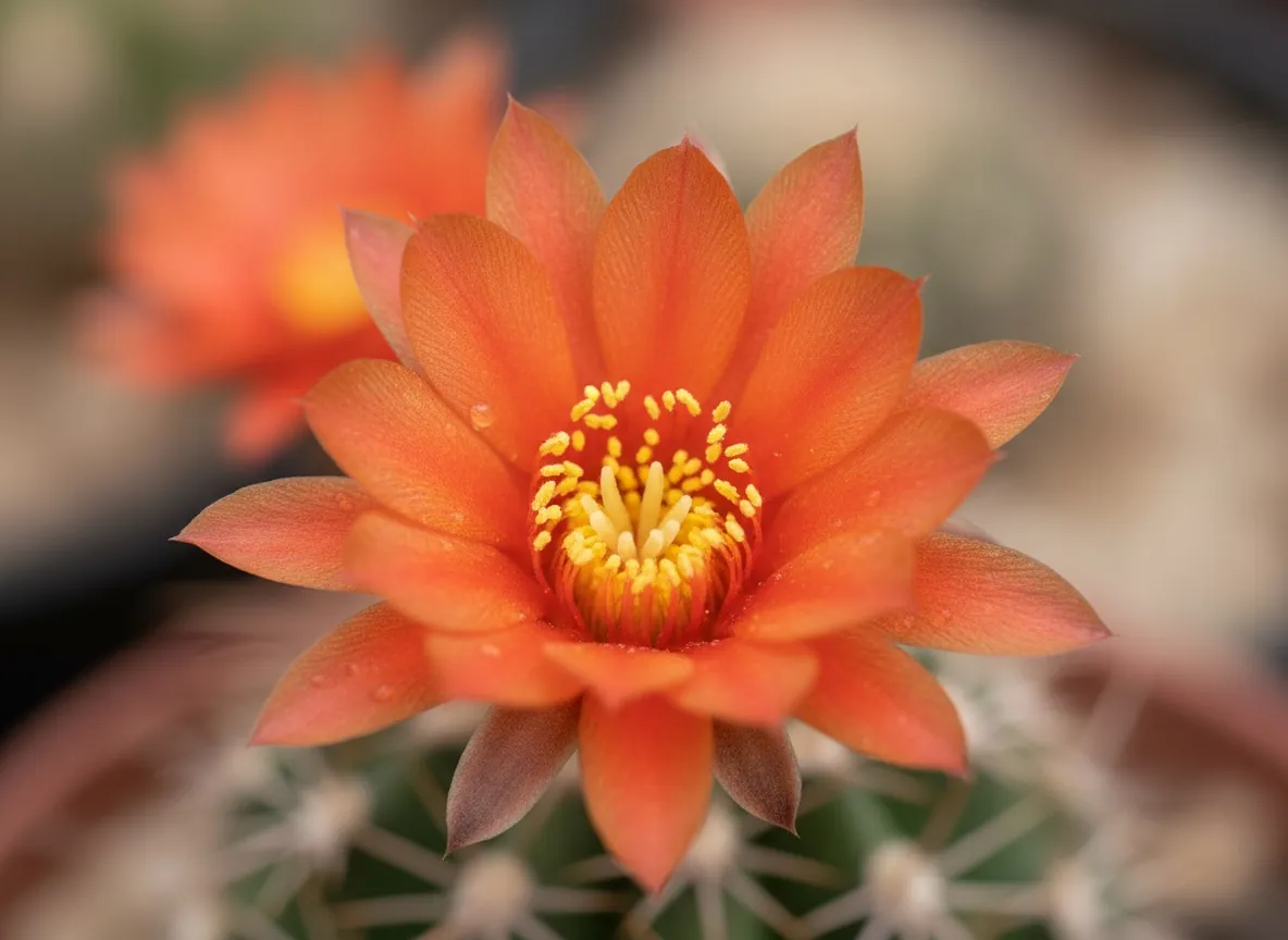 Wreath of red rebutia flowers growing at the base of the head