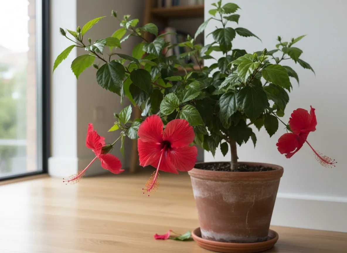 Kwitnąca róża chińska (hibiskus doniczkowy) o dużym czerwonym kwiecie z wystającą kolumną pręcikową i połyskujących ciemnozielonych liściach