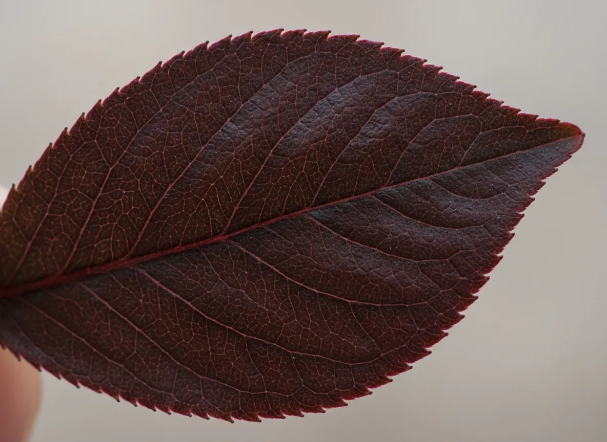 Close-up of the dark purple, ovate leaves of the cherry plum