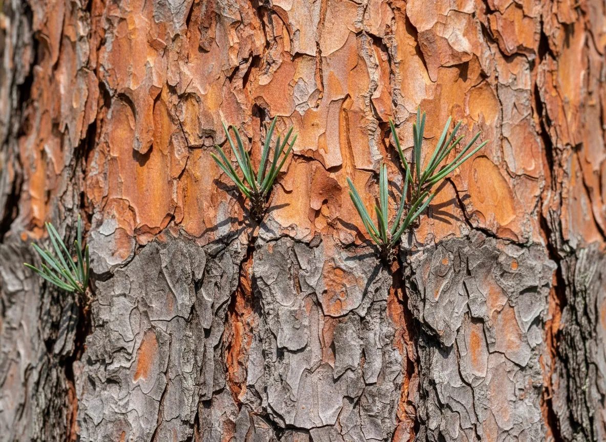 Flaking rusty-orange bark on the upper part of a Scots pine trunk