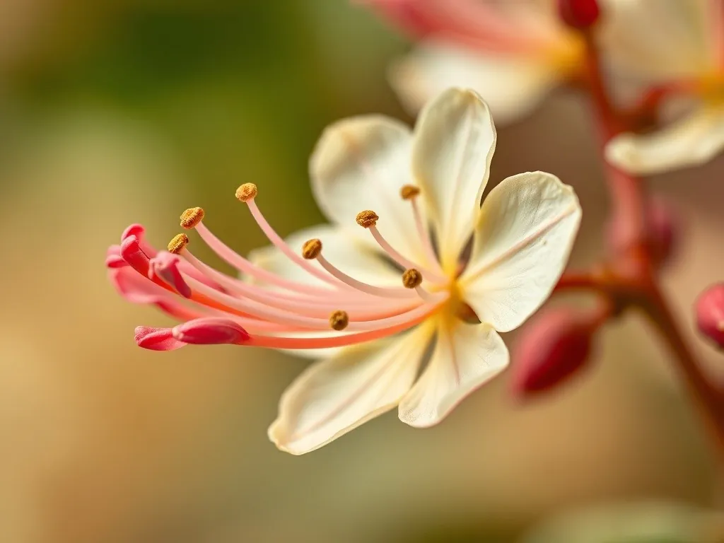 Creme-rote, röhrenförmige Blüten des Wald-Geißblatts, in einem kopfigen Blütenstand zusammenstehend