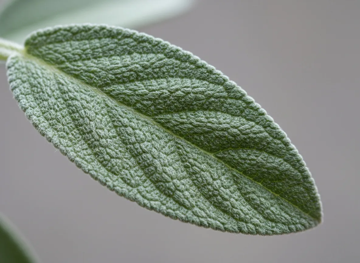 Close-up of the elongated, velvety, grey-silver leaves of common sage