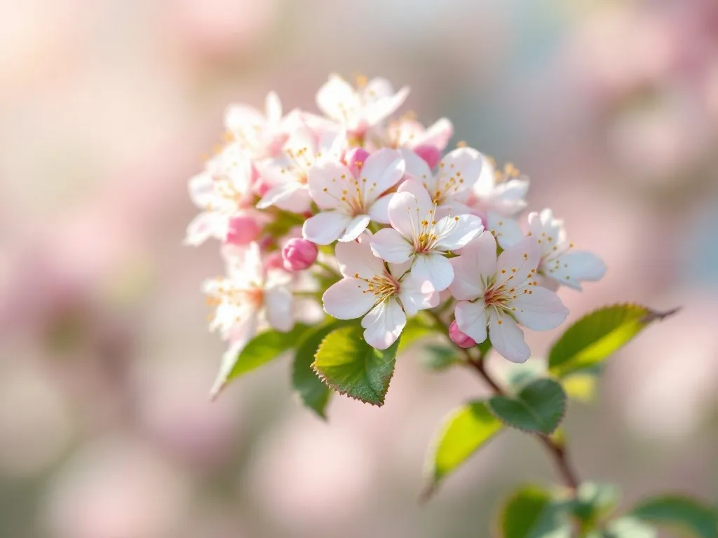 Nahaufnahme des flachen, rosa-roten Blütenstands des Japanischen Spierstrauchs