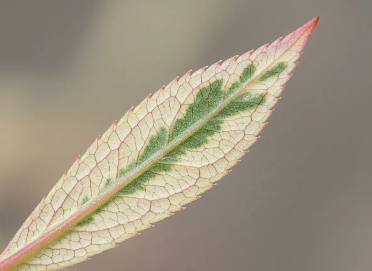 Close-up of the tricoloured, pink-white-green leaves of the Hakuro willow