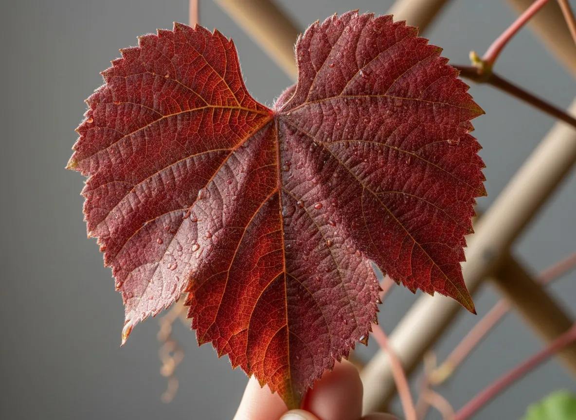 Close-up of a huge, heart-shaped leaf of the crimson glory vine in autumn crimson