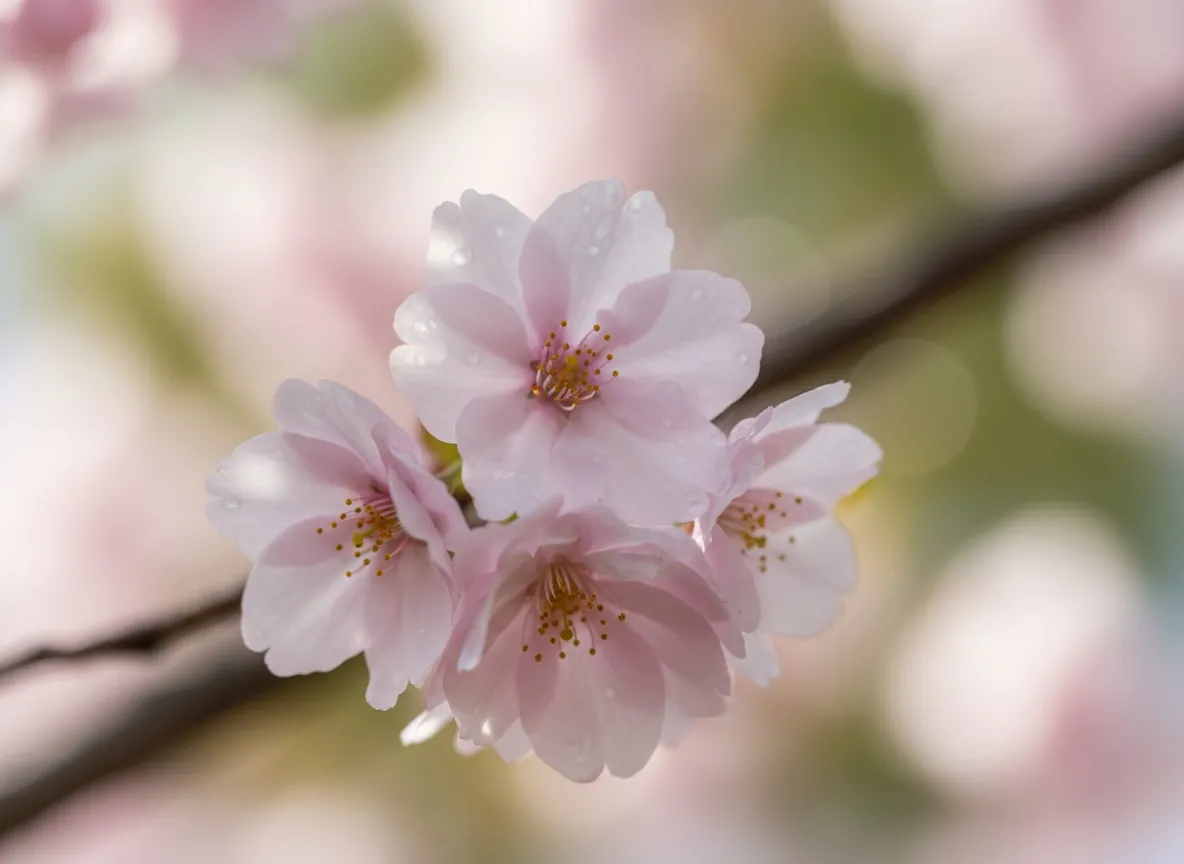 Close-up of clusters of double, pink flowers of the Japanese cherry