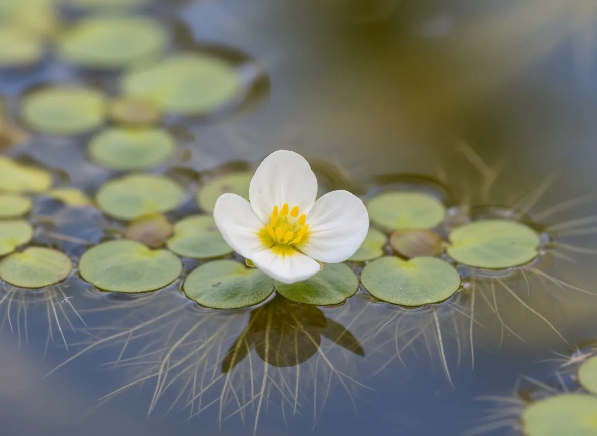 Small white flower of frogbit with a yellow centre above the water surface