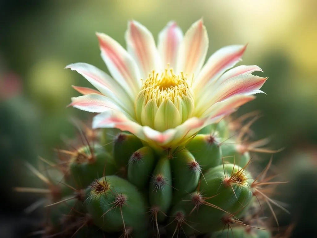 Kleine gelbe Blüten an der Spitze eines ausgereiften Goldkugelkaktus