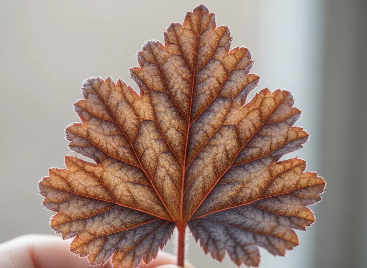 Close-up of a lobed alumroot leaf with silvery marbling and purple veins
