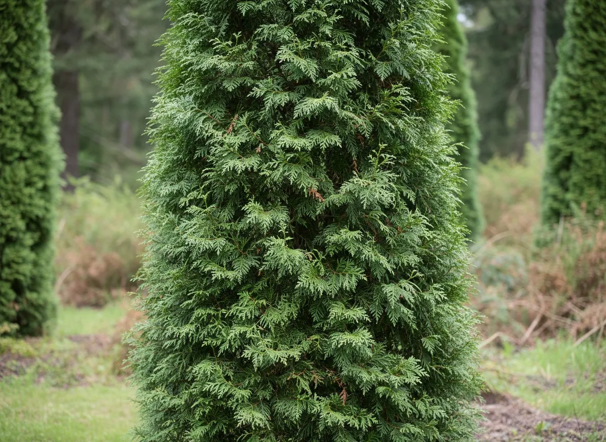 Żywotnik olbrzymi (Thuja plicata) o stożkowatym pokroju i ciemnozielonych, łuskowatych gałązkach